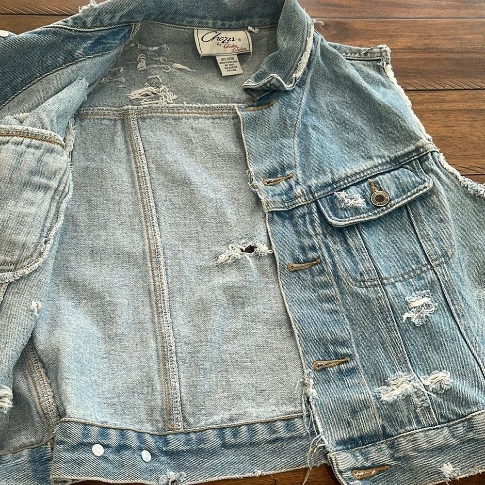 Vintage 90s Y2K Chazzz by Charles Ghailian Distressed blue Denim Vest Sz M - Picture 2 of 16